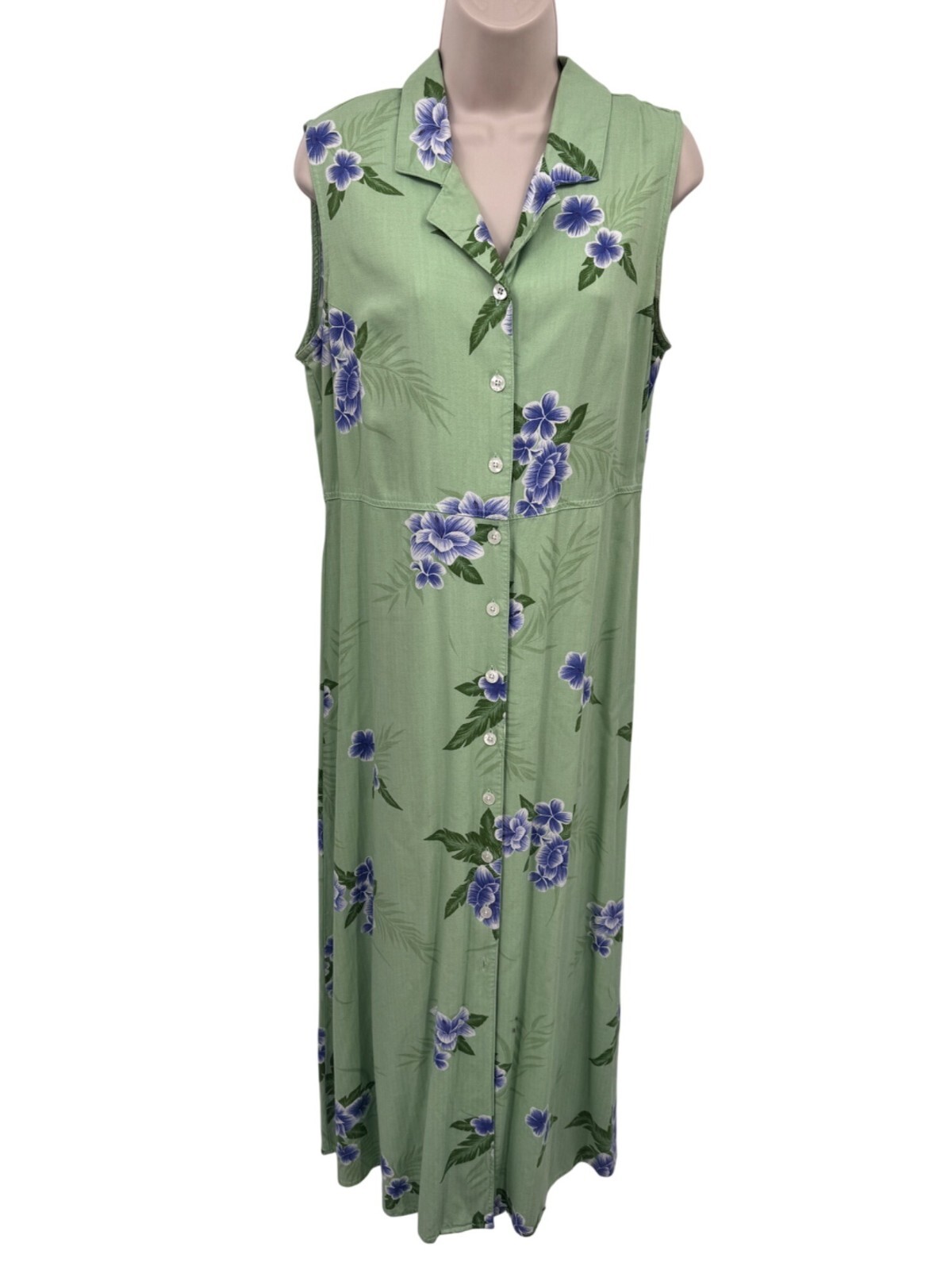 Vintage Hawaiian Maxi Dress Womens 12 Rayon Green Purple Hibiscus Print Resort