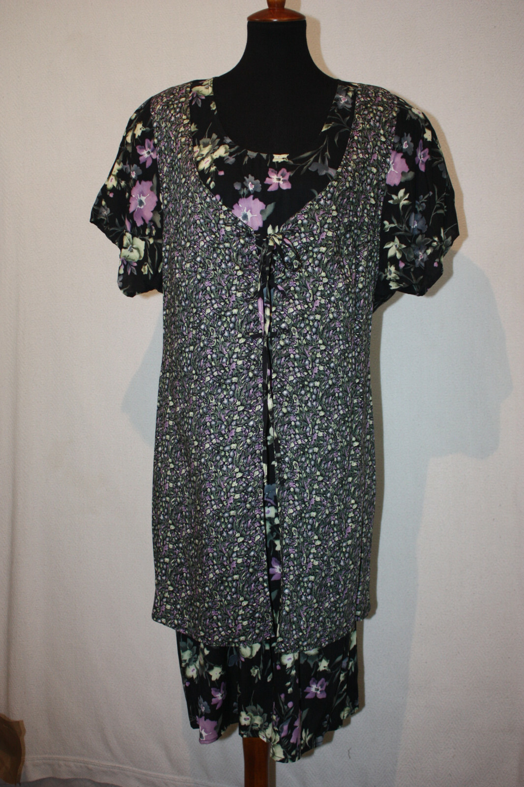 Vtg More Jazz Sz 18? 1X Black Floral Boho Apron Front Prairie Shift Dress Rayon
