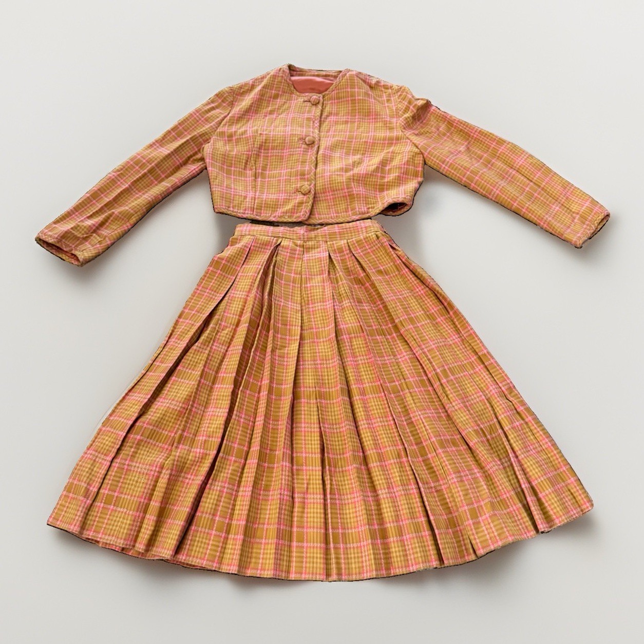 Vintage 1950s Plaid 2 Piece Suit Button Up Skirt Woman’s Medium Satin Lined