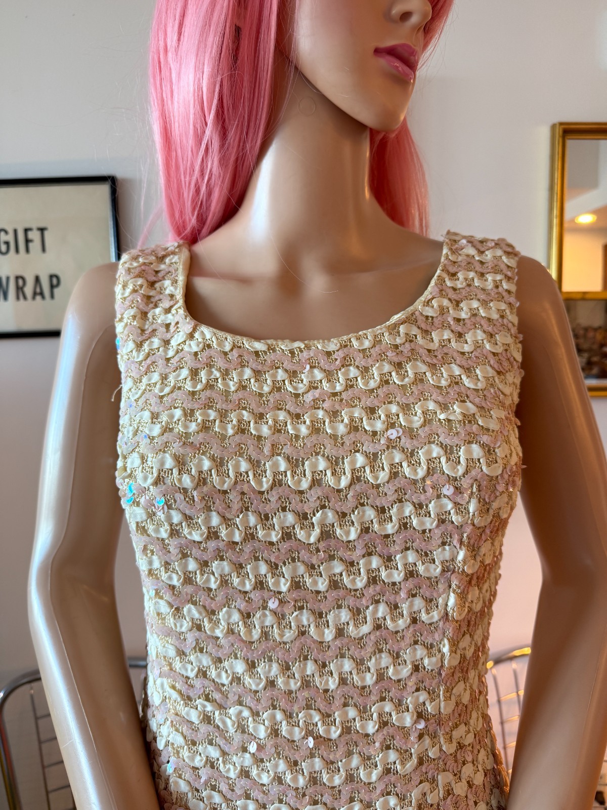 💖 Vtg 50s Pink White Sequin Knit Pinup Bombshell Bodycon Glimmer Dress S M
