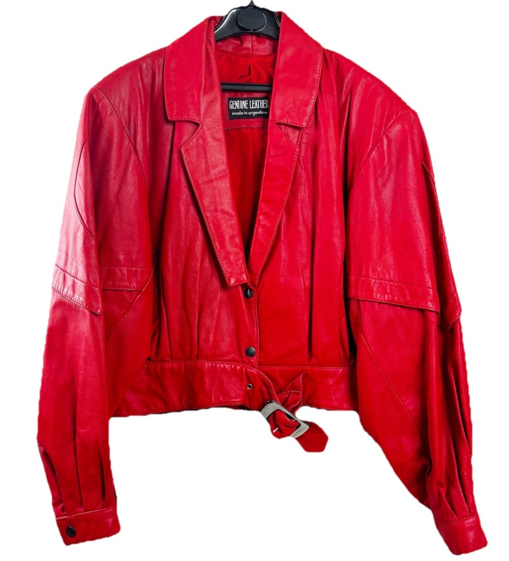 VTG Red Leather Medium ? Argentina Moto Biker Jacket Diamond Design Crop EUC