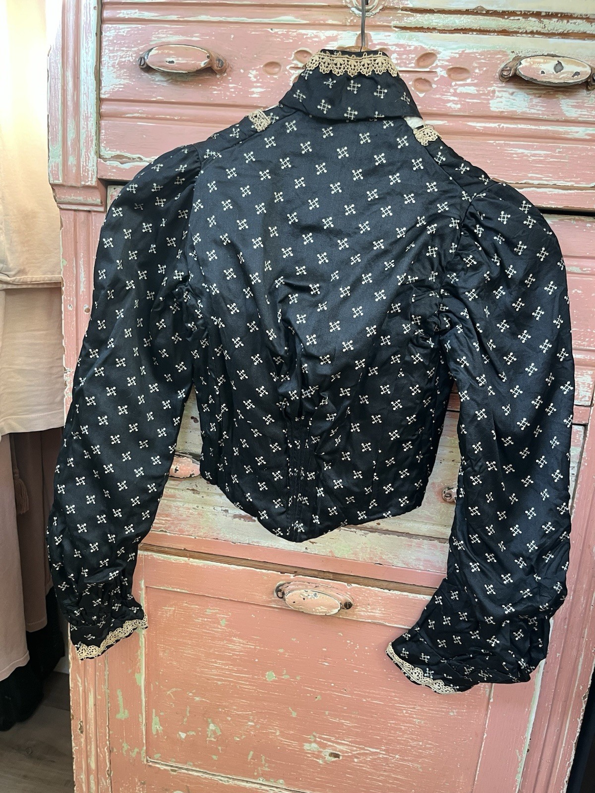 1800s Antique Victorian Edwardian Black Silk Bodice Corset Blouse Top XXS