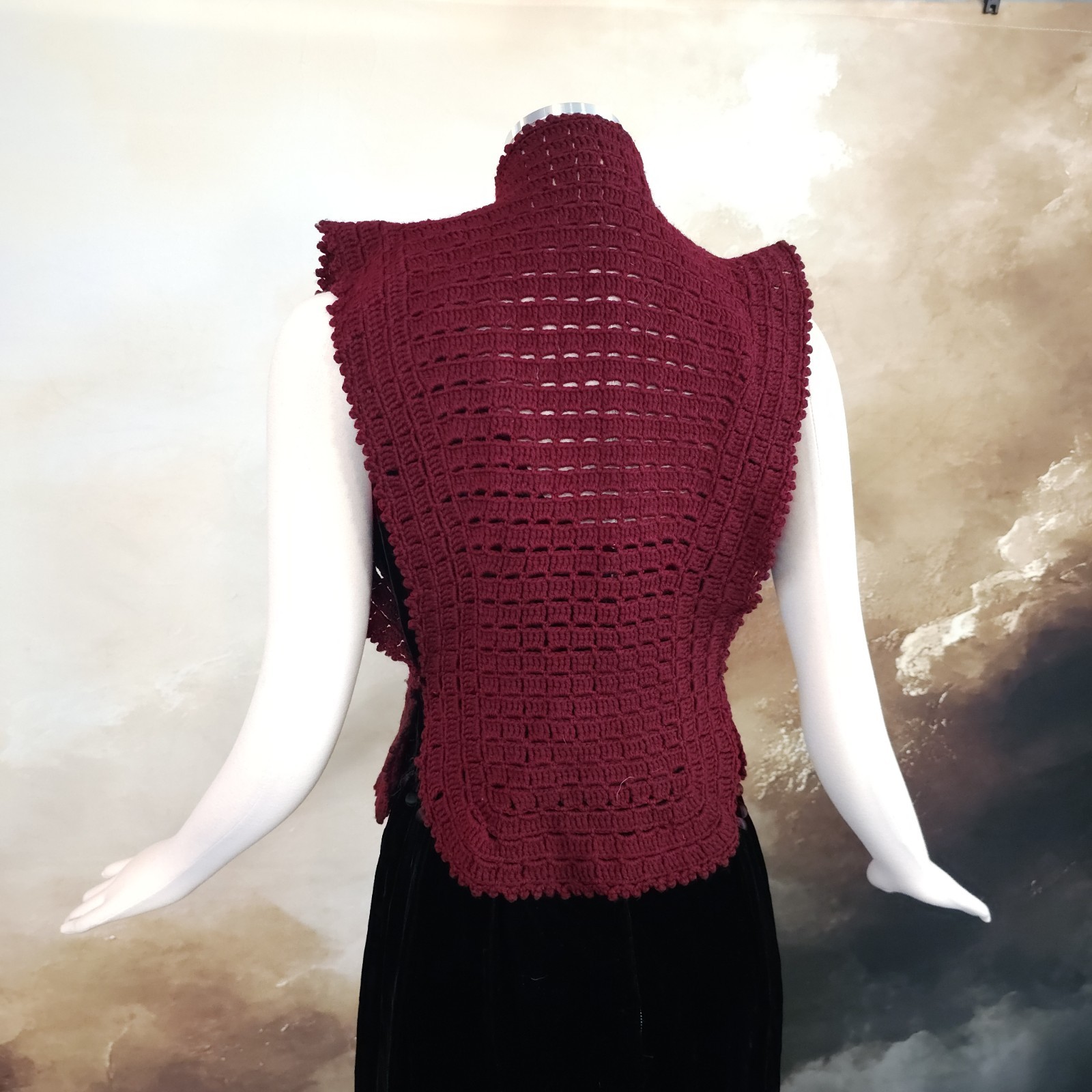 Burgandy Red Crochet Antique Vest 1920s 1930s Art Deco Sweater Shawl Bow Ties…
