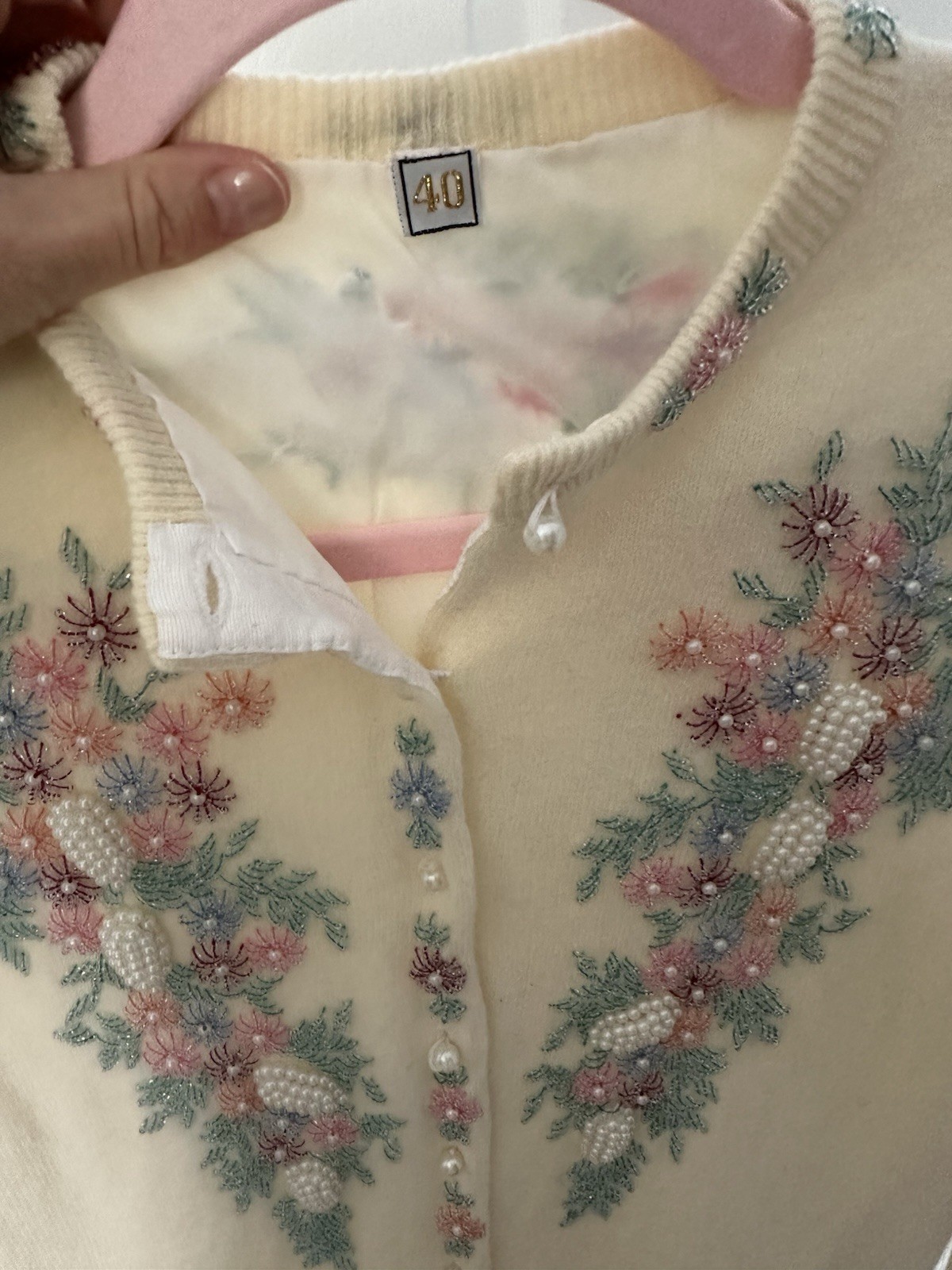Vintage 1950s 1960s Heavily Beaded Grape Cardigan Pearl Buttons Size 40