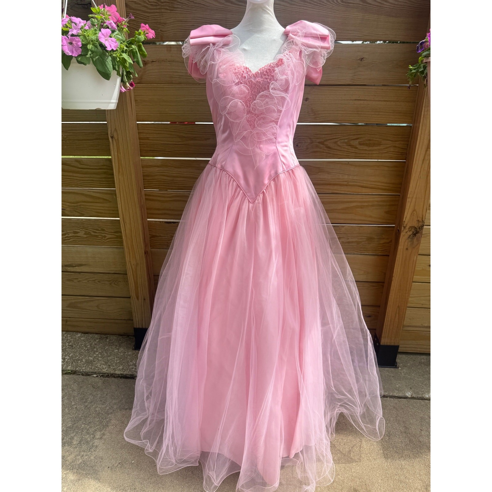 Vintage 1980s Mike Benet Prom Dress Pink Satin Tulle Ball Gown Princess Bow S