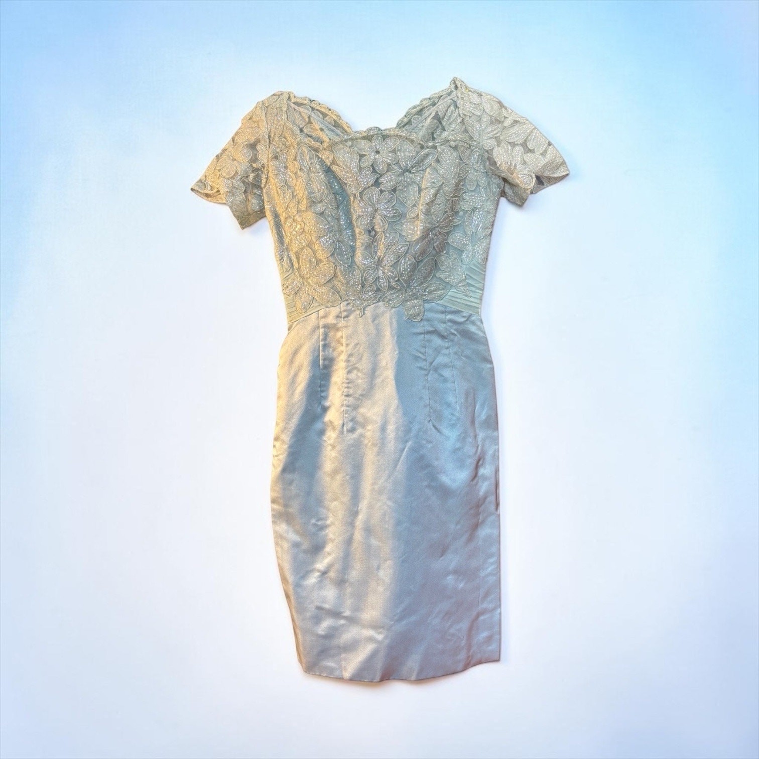 50s Ice Blue Beaded Lace Bombshell Wiggle Dress Cocktail Glam