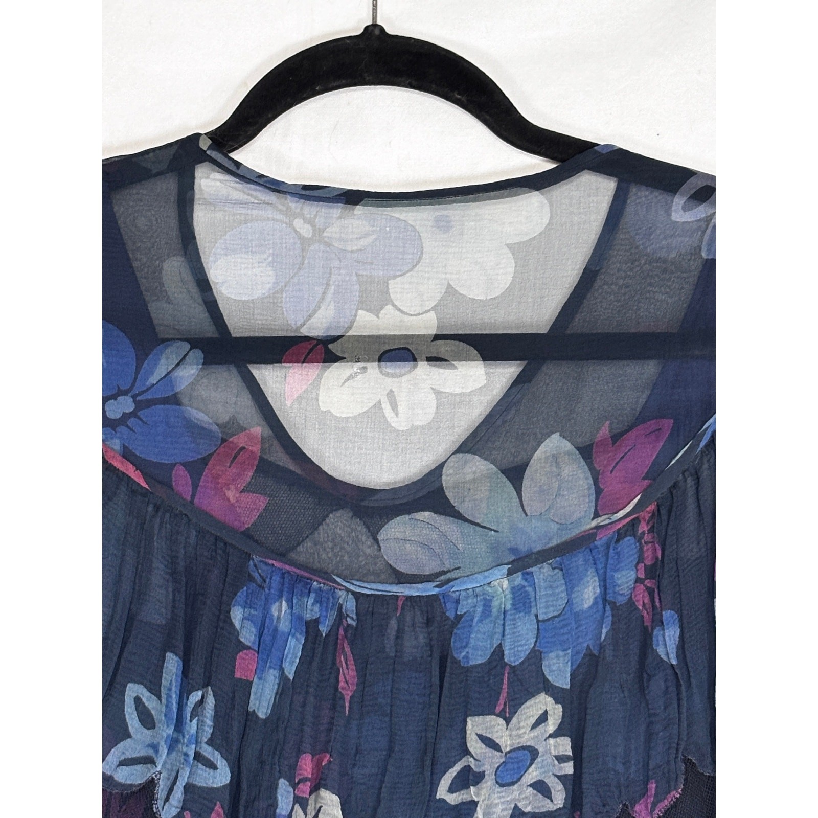 Antique 1920s Navy Floral Silk Dress Flapper Era Flutter Sleeve Drop Waist