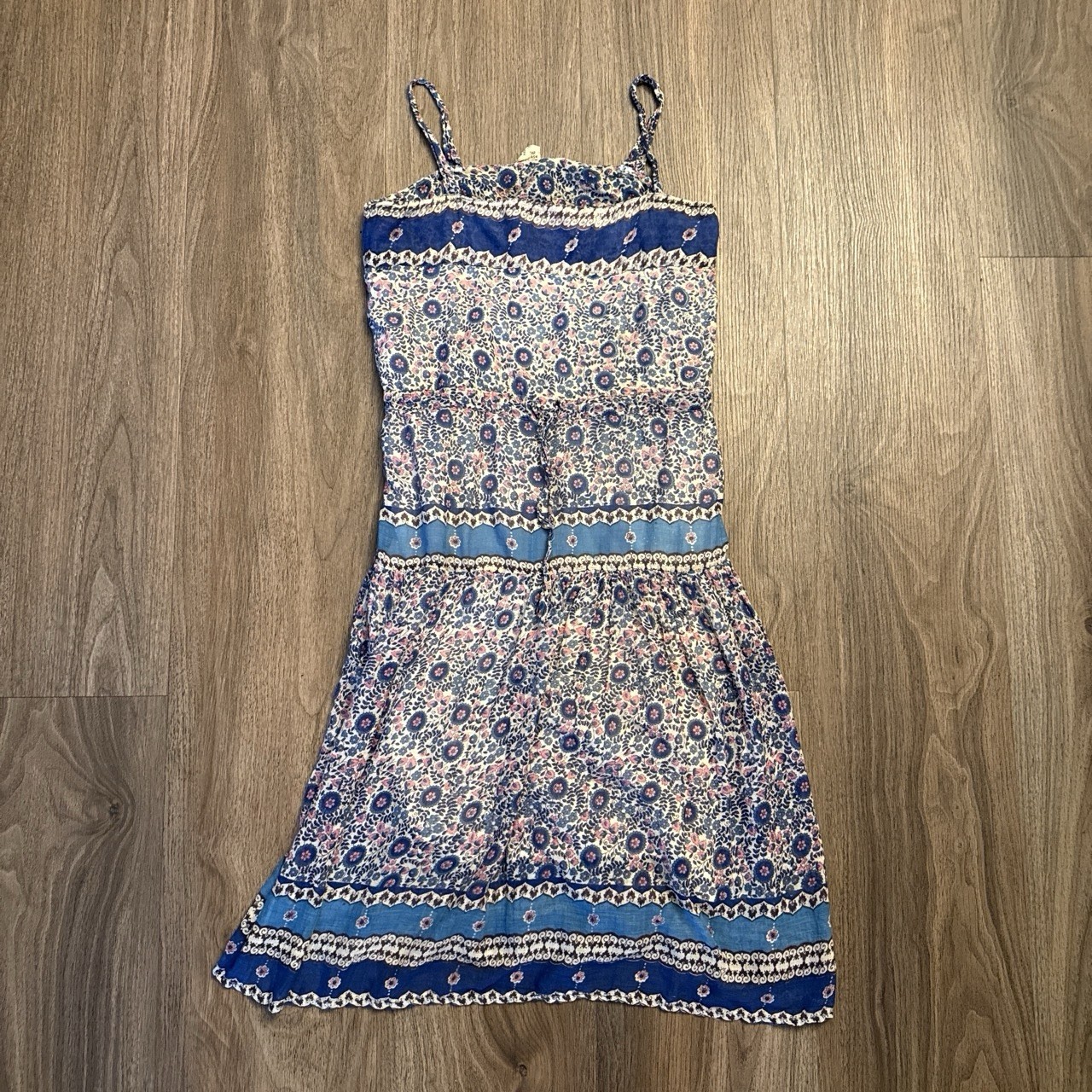 Authentic 1970S Cotton Floral Indian Dress Blue And Pink Size Medium
