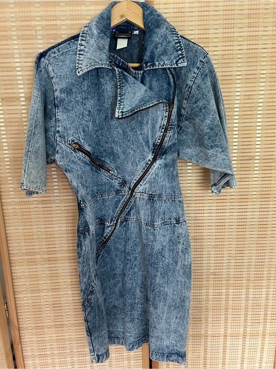 Vintage 80s Acid Wash Denim Dress Asymmetrical Zip Moto Dress