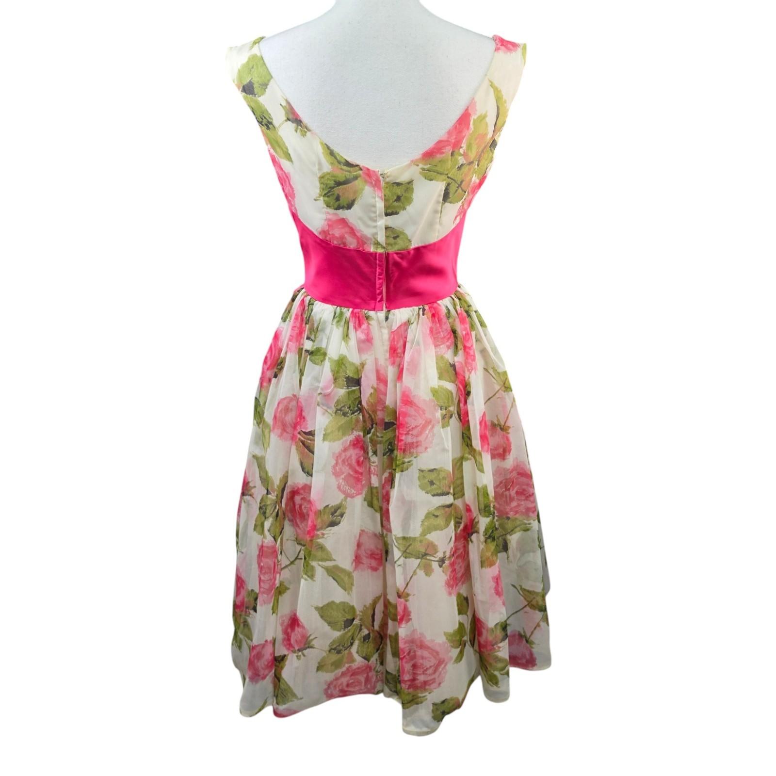 Vtg 1950-60s Floral Cocktail Party Dress Pink Bow Fit Flare Womens Small Costume