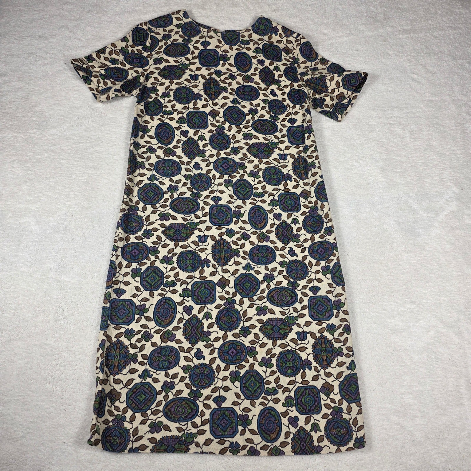 Vintage 60s Mod Shift Dress Women M Cream Purple Geometric Floral Made in USA