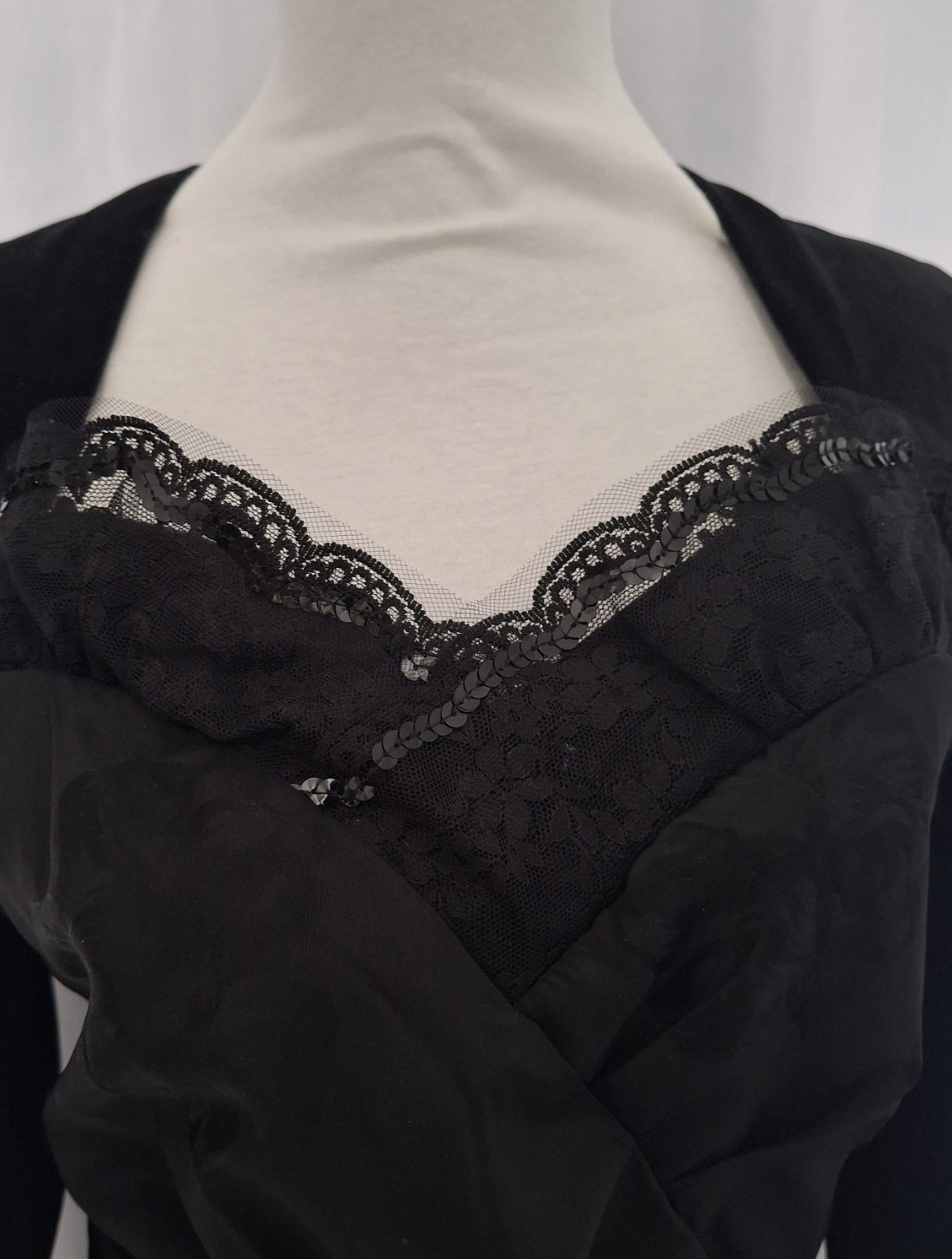 Vtg 80s Does 50s Black Tulip skirt sweetheart bust shirred waist pinup dress 12
