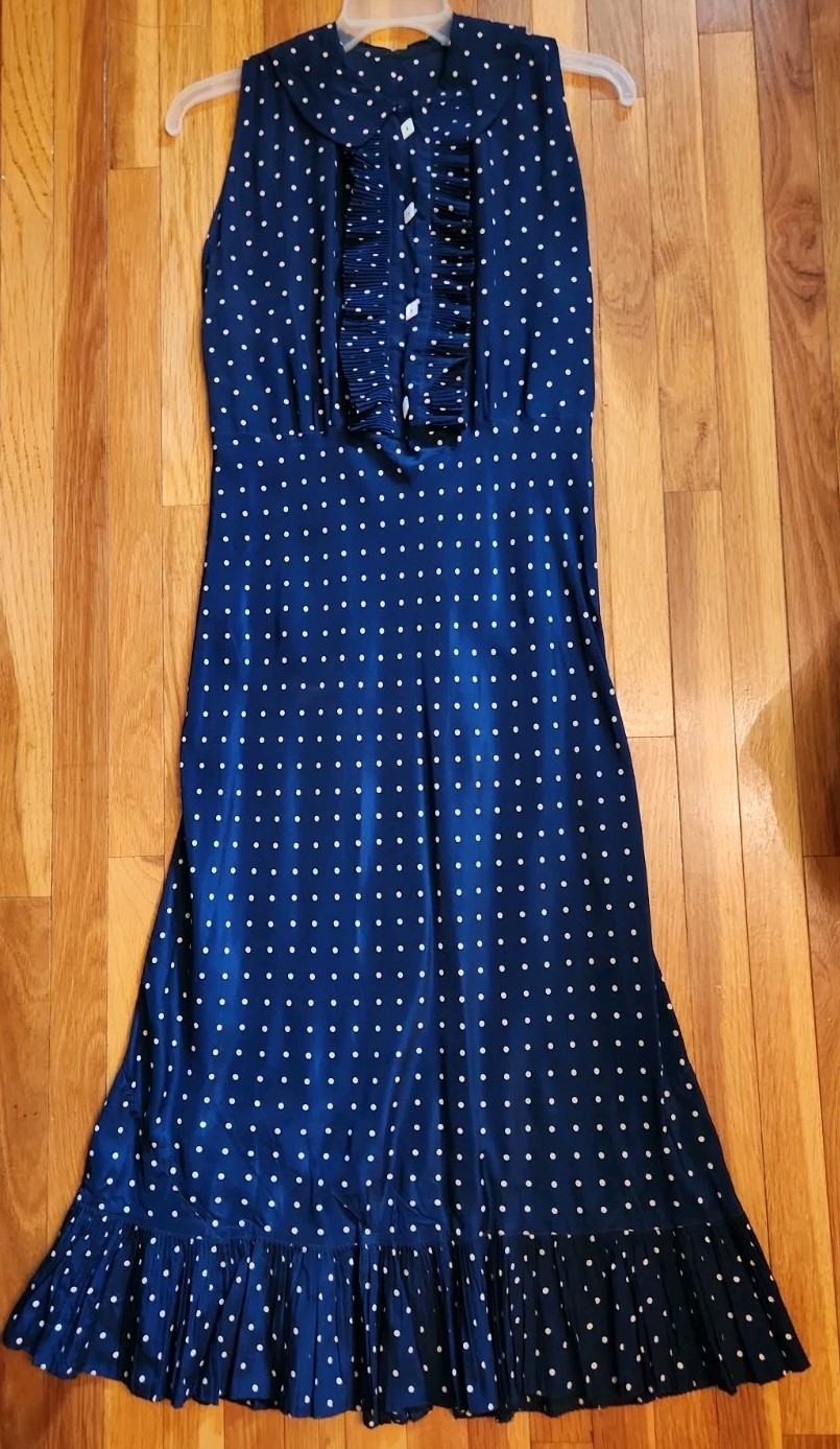 Vintage 1930s Sleeveless Navy Blue Polka Dot Dress Keyhole Back
