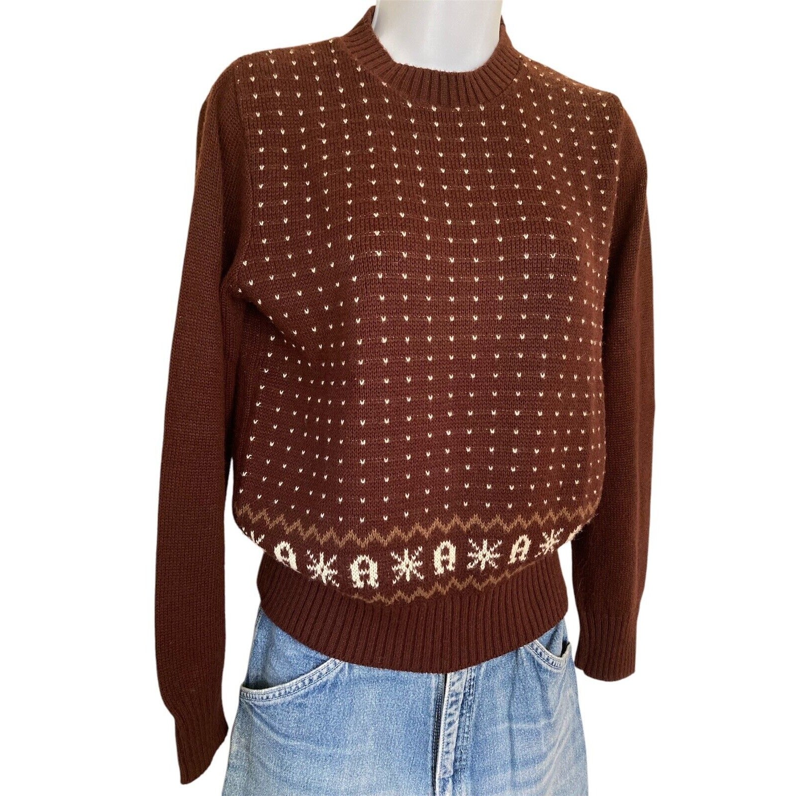 Vintage 70s 80s Etienne Aiger Brown Logo Boho Preppy Cottage Sweater Size S