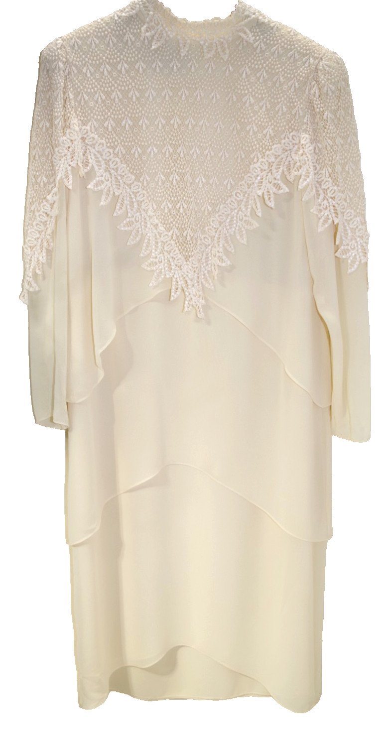 Q7 Vintage Ursula Of Switzerland Maxi Dress 14 Ivory Crepe Tiers Heavy Lace Trim