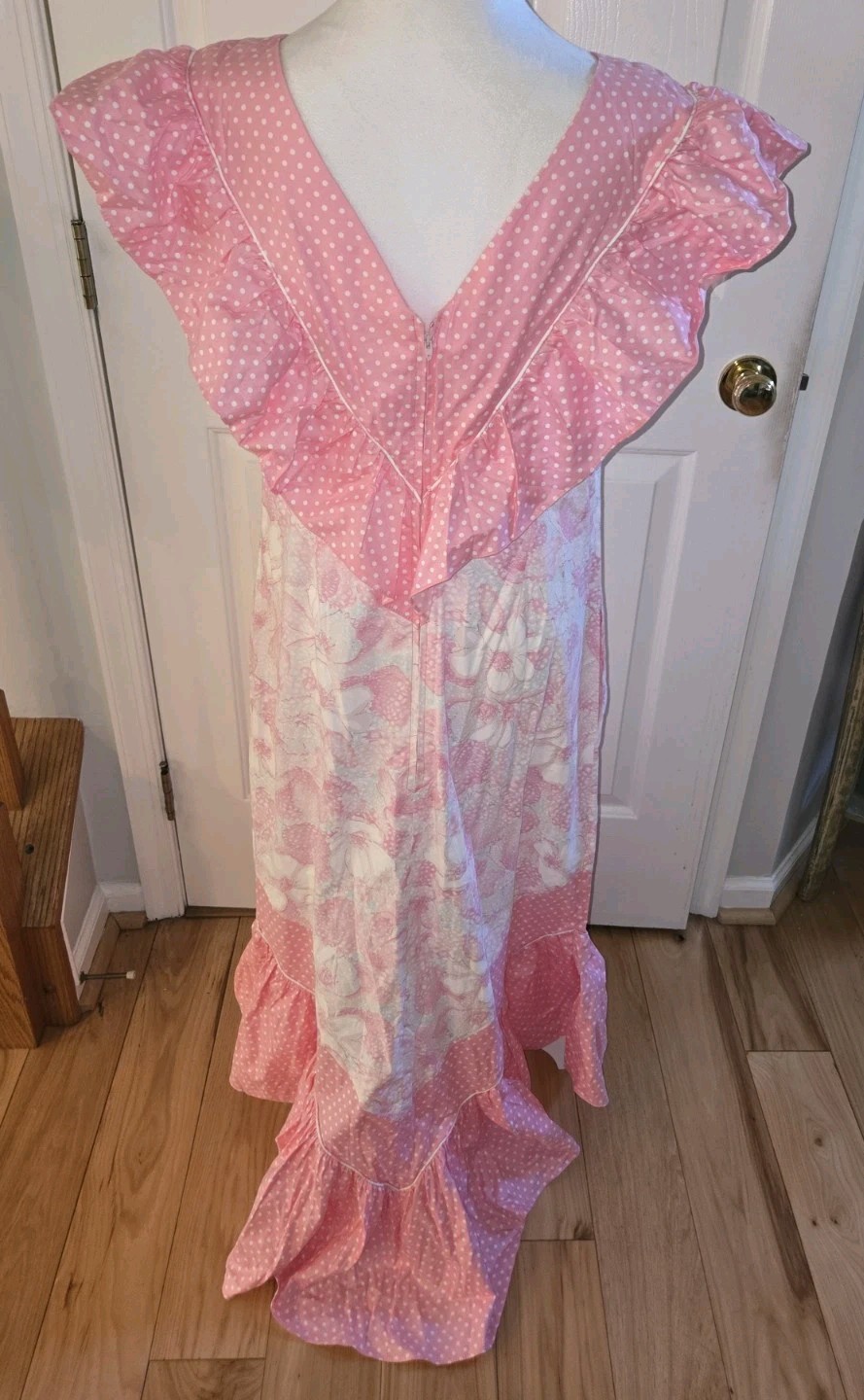 Vtg. Hilda Hawaii Maxi Dress Pink Teal Floral Polka Dot Hawaiian Muumuu 39 Chest