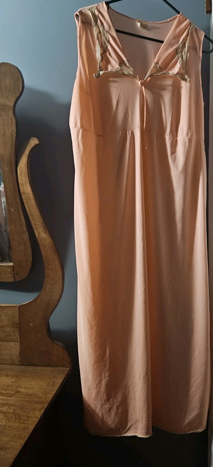 Vintage Nylon Long Nightgown Lingerie Peachy Orange Sissy 46″B 53″ L