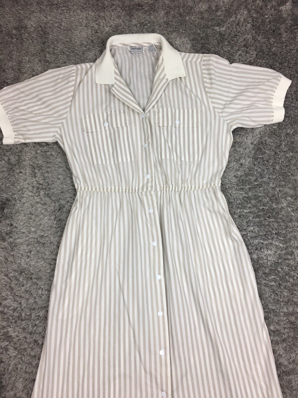Vintage IMPROMPTU Collared Dress Womens Size 12 Brown White Short Sleeve Button