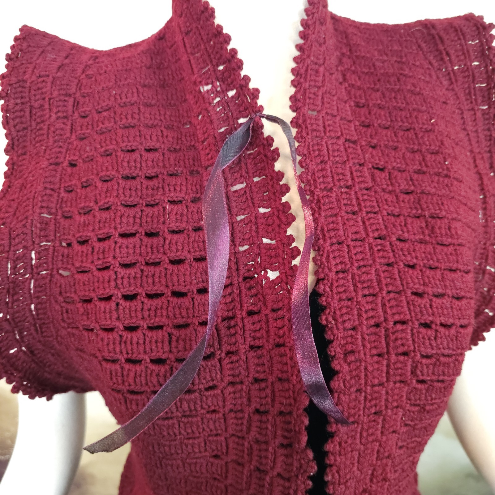 Burgandy Red Crochet Antique Vest 1920s 1930s Art Deco Sweater Shawl Bow Ties…