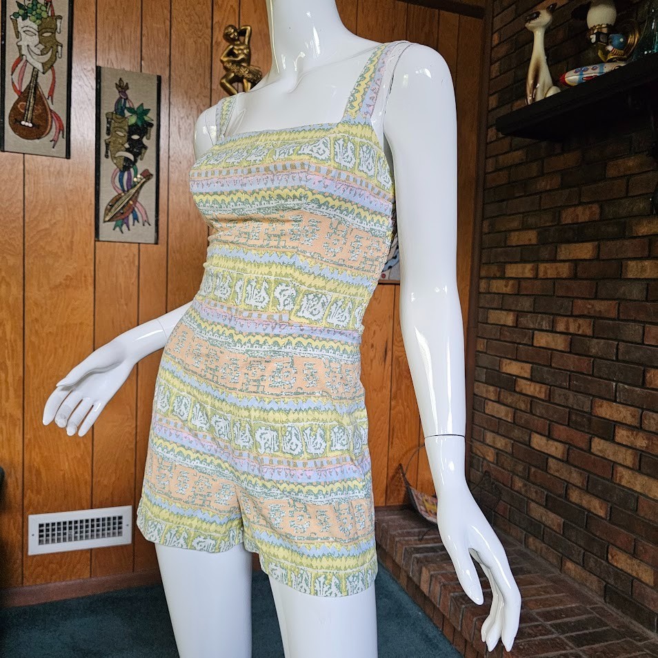 Vtg 50s Pinup Romper Playsuit Pastel Stripe Bombshell Swimsuit Bathing Suit S