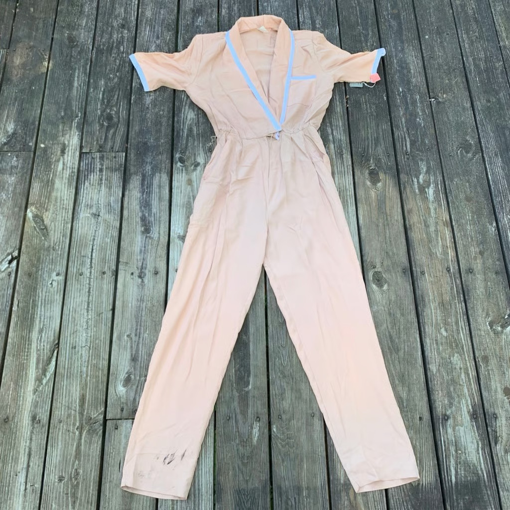 Jumpsuit Vintage 1970s 60s Peach and White One Piece JumpSuit Made in USA 14