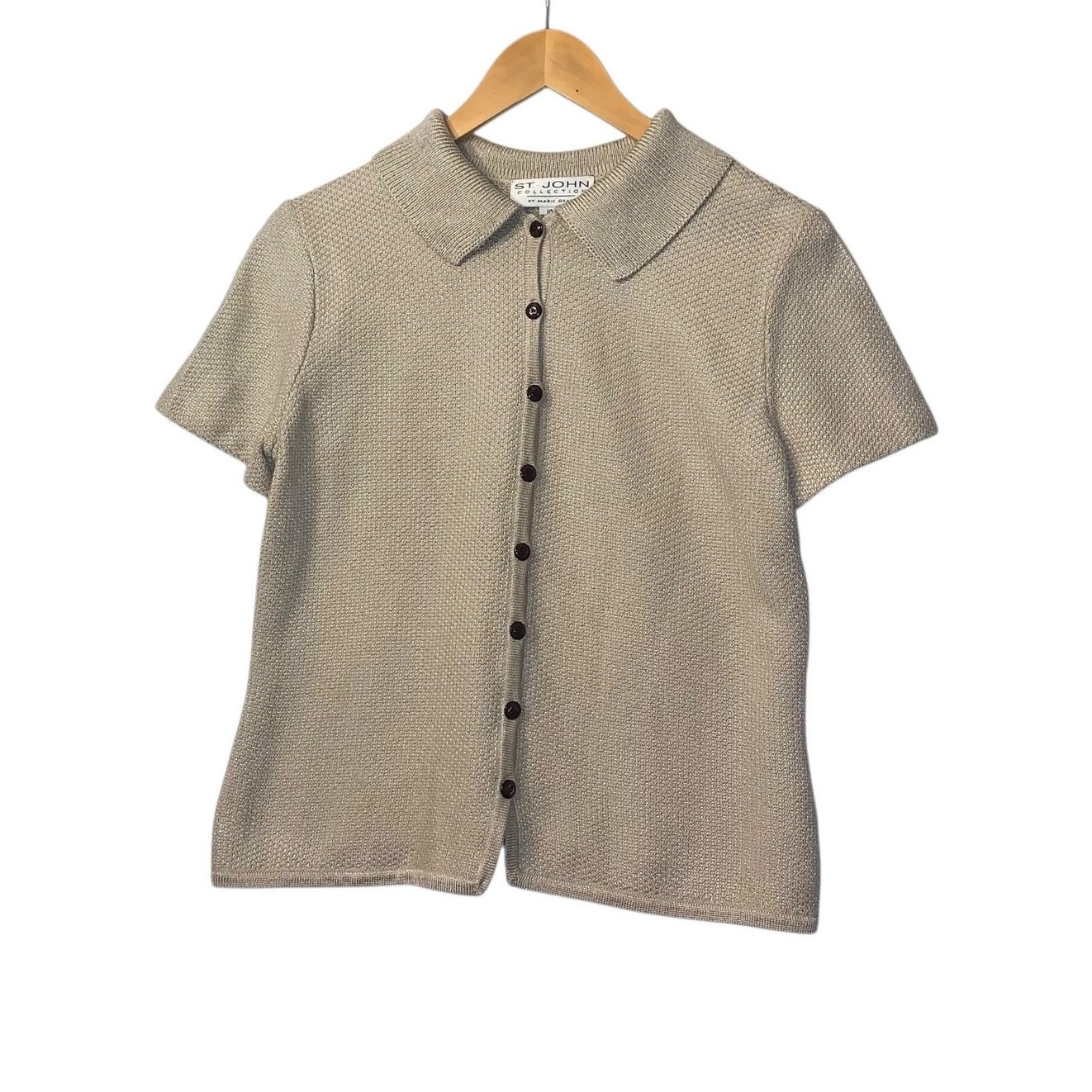 St. John Beige Knit Button Down Collared Top SZ 10
