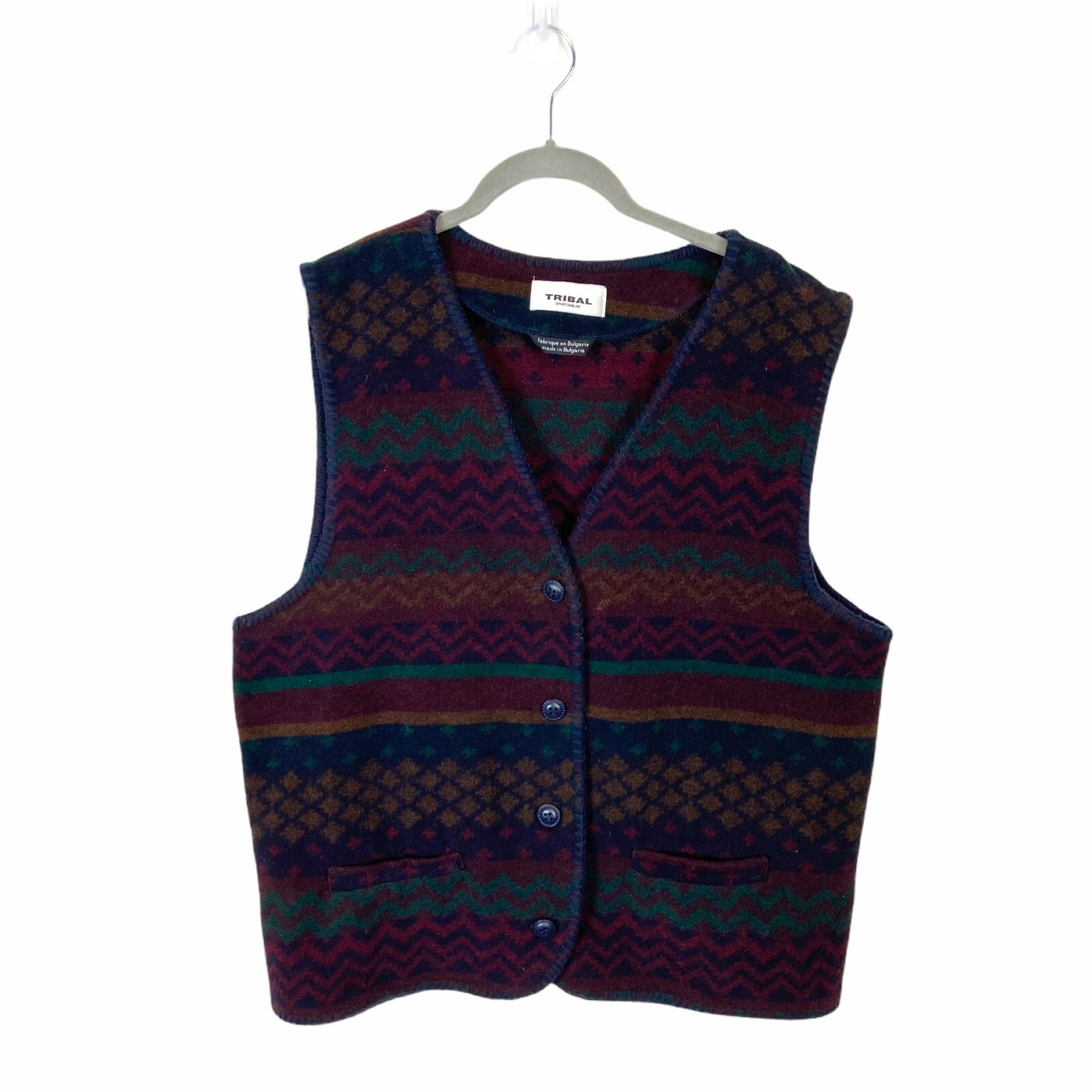 Fleece Vest Women SZ Large Vintage Tribal Sportswear Maroon Navy Green Bulgaria