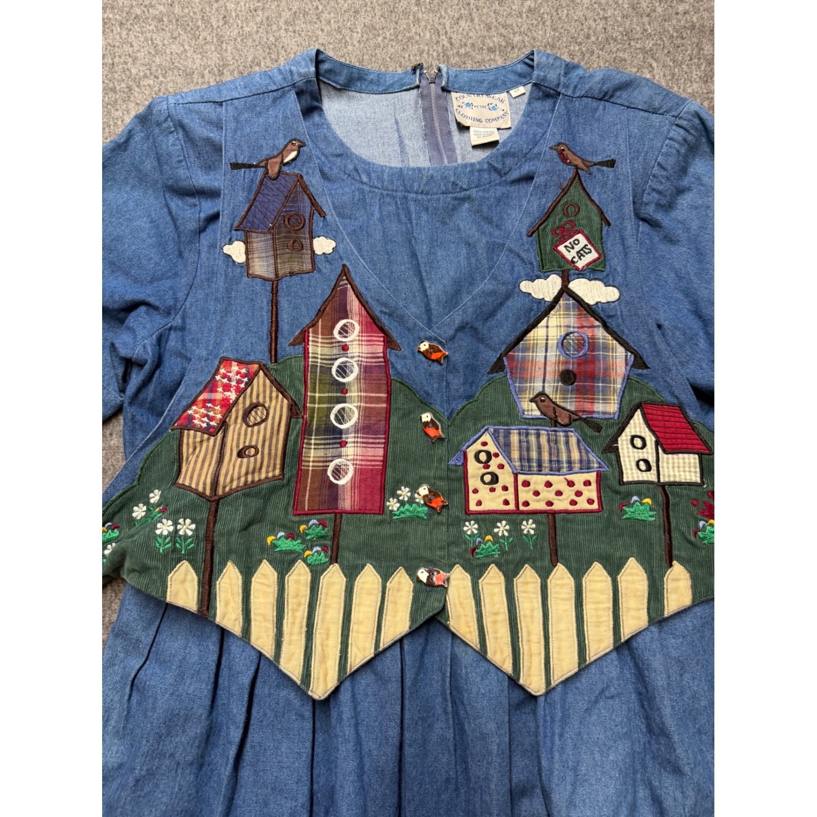 Country Wear Petite Denim Birdhouse Applique Dress Blue Cotton Vintage 12P
