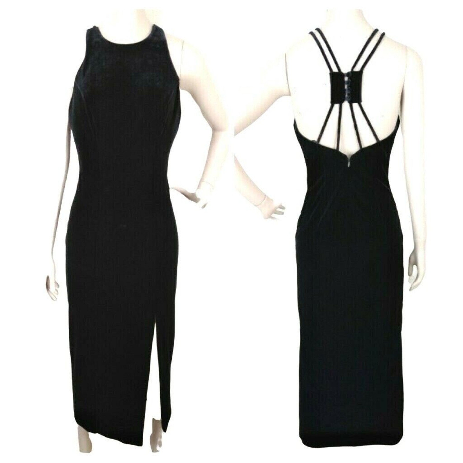 VTG 90s Faviana New York Velvet Strappy Back Maxi Bombshell Slit Cocktail Dress