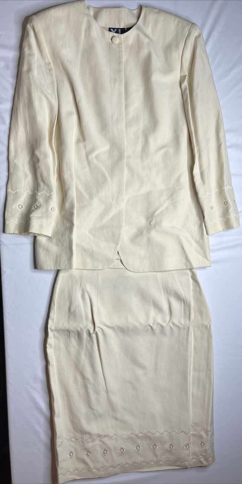 YL By Yair Women’s Cream Blazer Skirt Set W/ Stitching Padded Shoulders Size 12