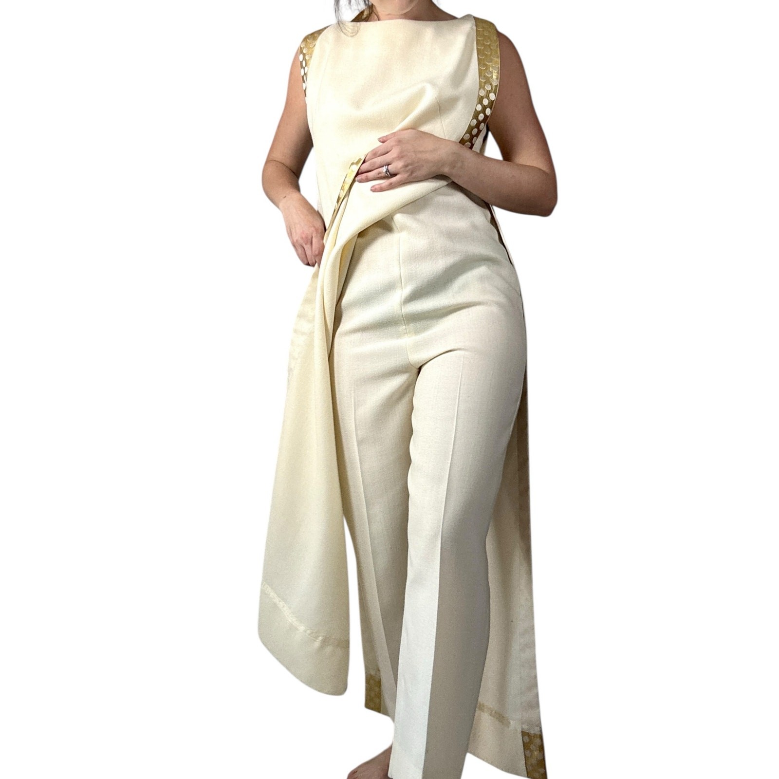Vintage 1960s White Wool Jumpsuit Peer Label Metallic Gold Polka Dot Cape Mod