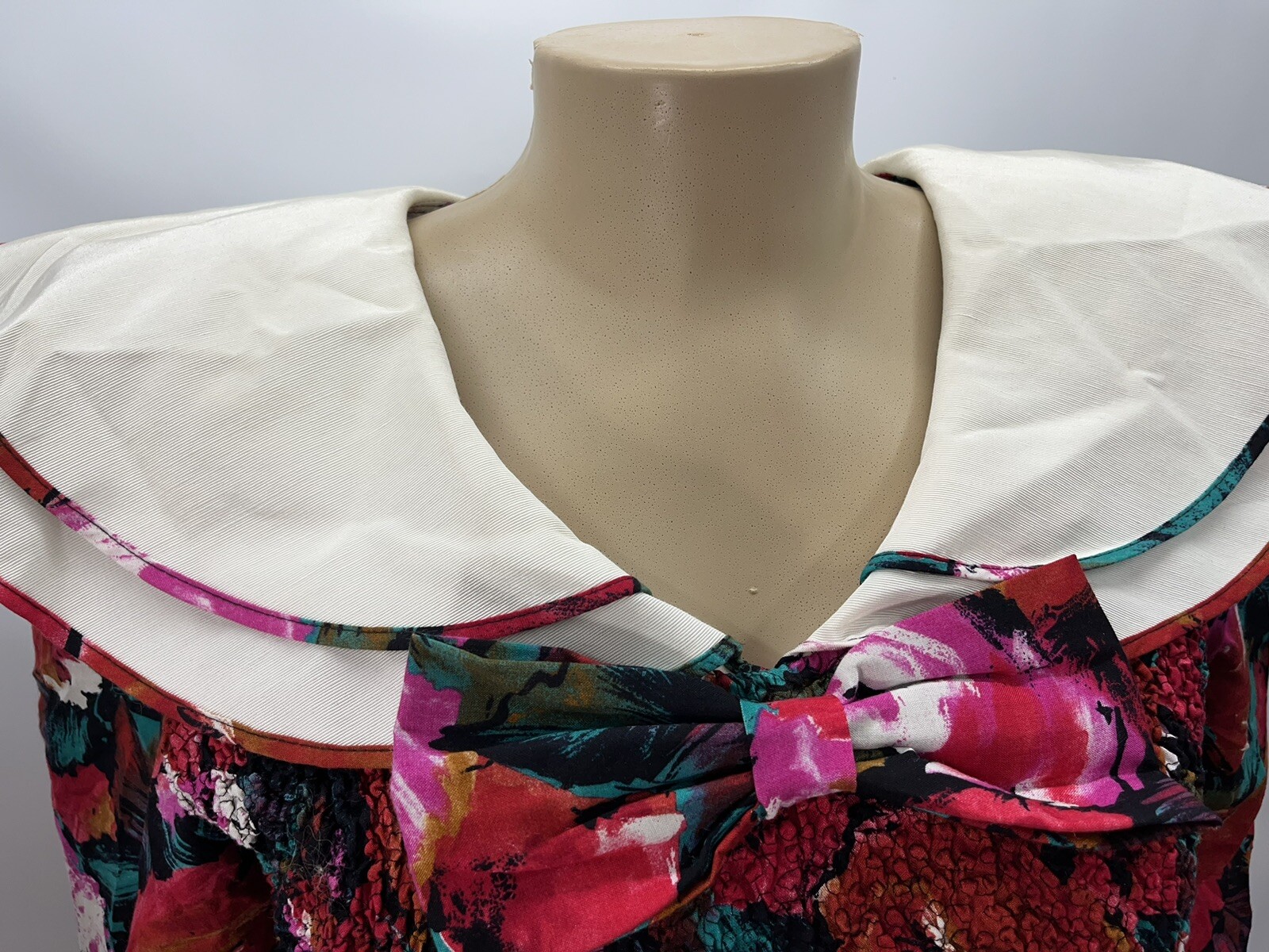 Vtg 80s Midi Tea Dress Smocked Floral Shawl Collar Bow Sz 14 LG Shoulder Pads