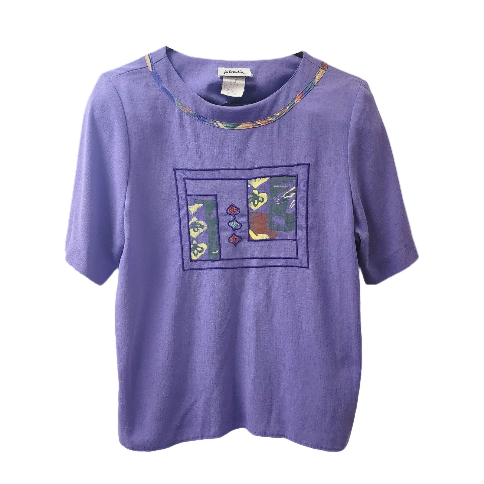 80s Vintage Abstract Shirt Small Medium Purple Geometric Top with Shoulder Pads