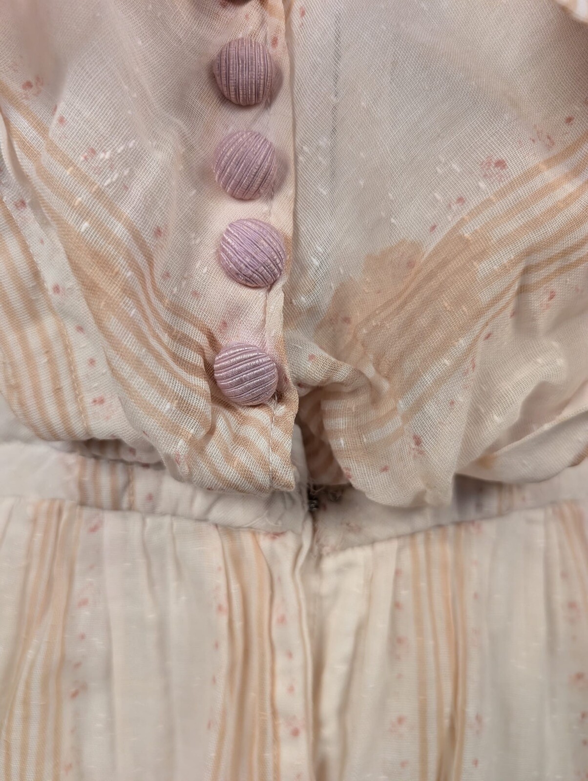 EDWARDIAN STRIPED MUSLIN DRESS W LAVENDER SILK EDGING + TRIPLE TIERED SKIRT