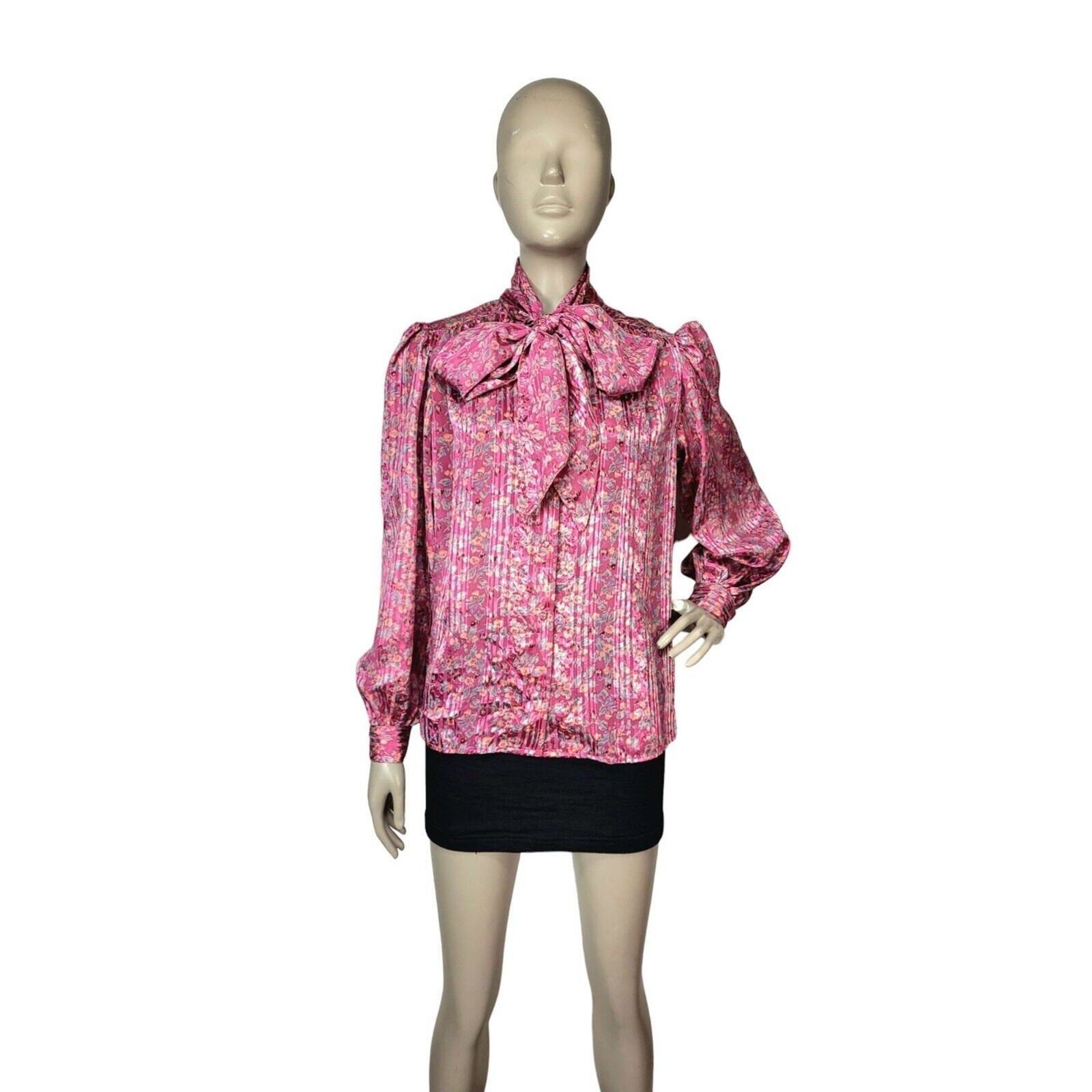 VTG 70s Pink Abstract Floral Neck Bow Puff Balloon Sleeve Satin Striped Blouse