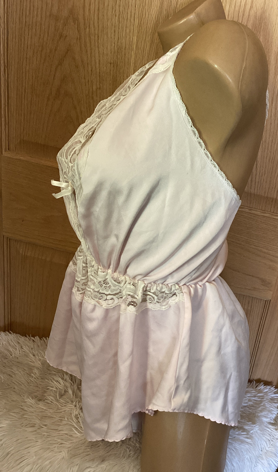 Vtg Teddy PINK Lace flutter Tap Bodysuit Playsuit CHANTILLY Lace One Piece #L9