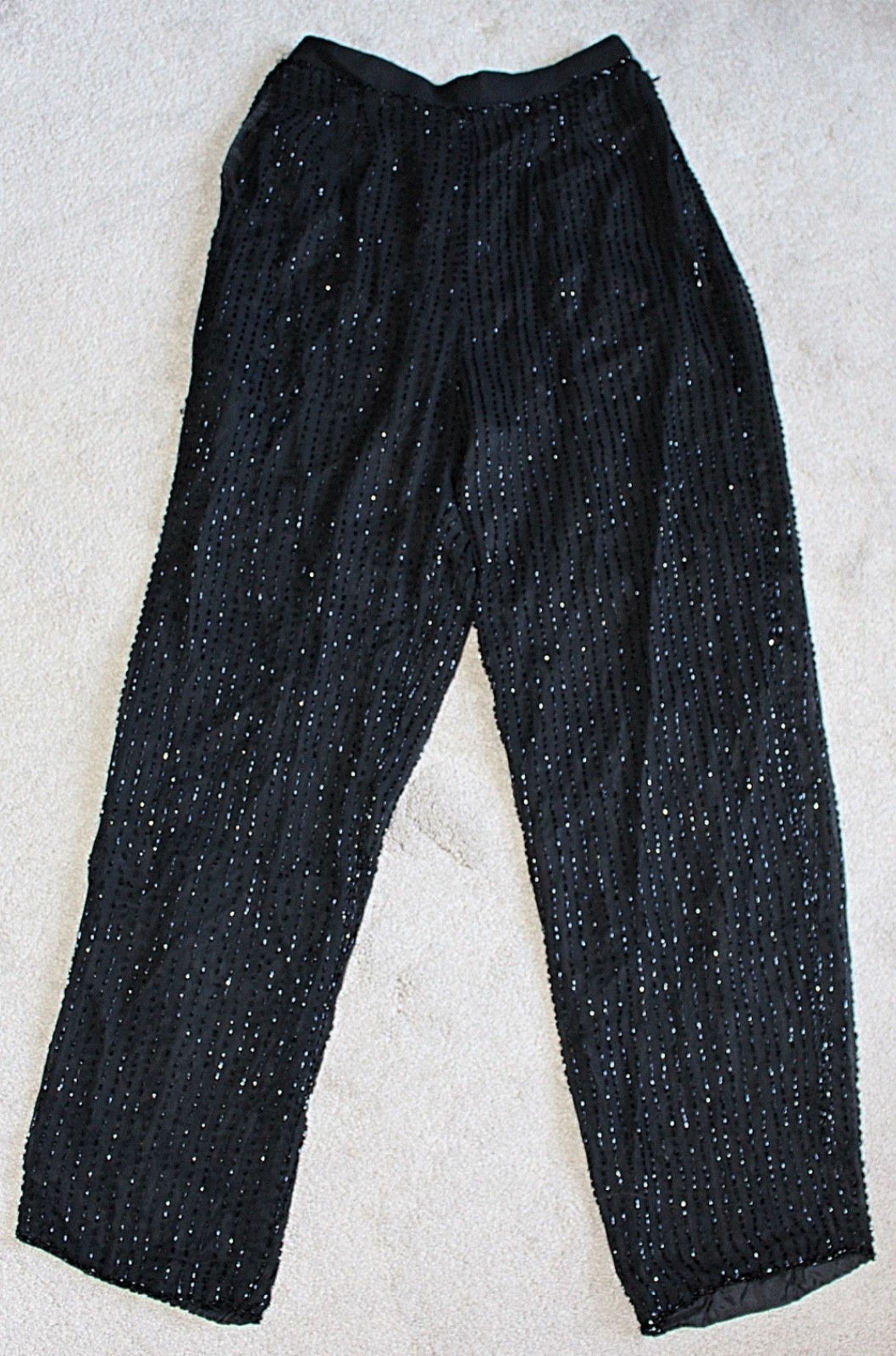 Vintage 80s Glam Rock – Shomax Beaded Sequin Silk Channel Pants, Black, Med