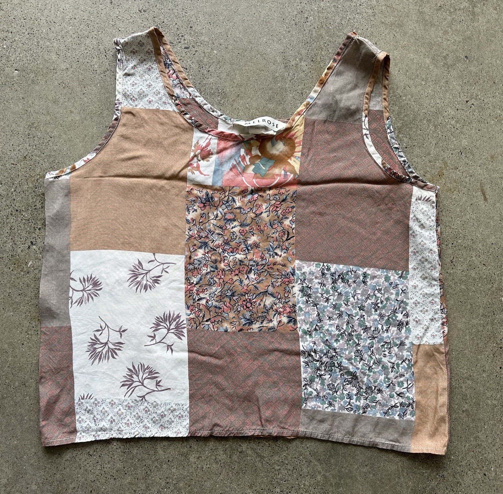 Vintage 1980s Melrose Rayon Patchwork Floral Quilt Tank Top Size 16 Made in USA