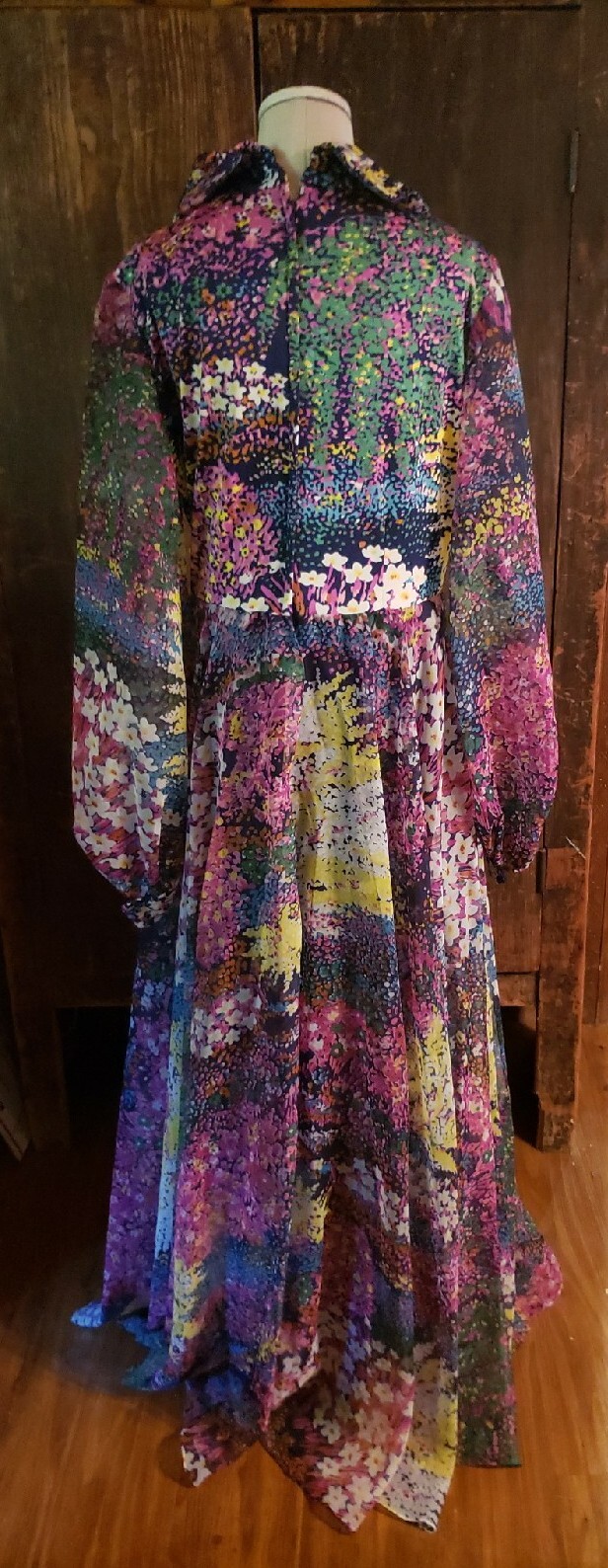 Vintage 1960s Don Luis De Espana multi Color floral Garden Chiffon Maxi Dress