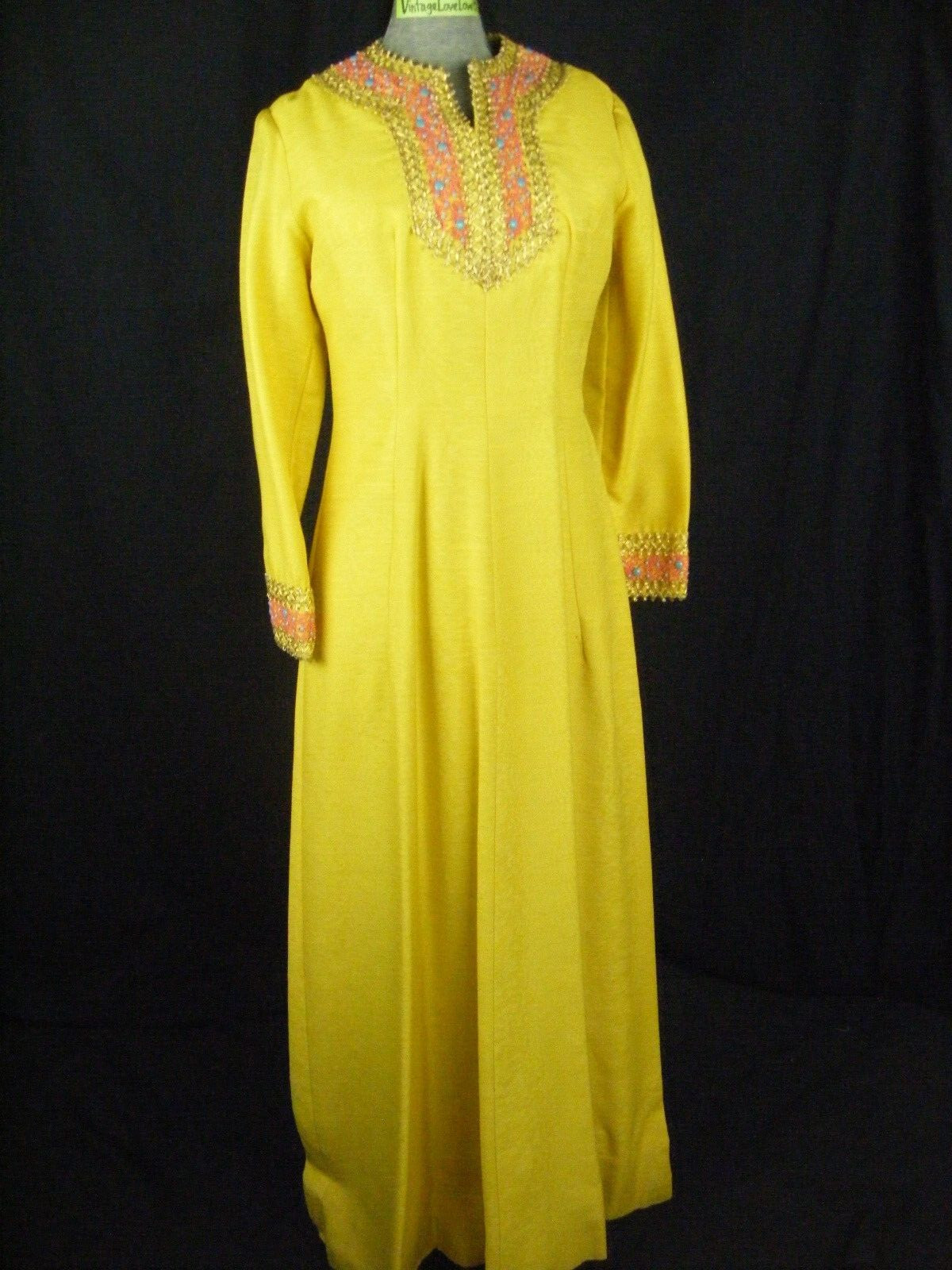 EMMA DOMB Vtg 60s Yellow Crepe Jeweled Embellishment Dress-Bust 36/S,AS-IS