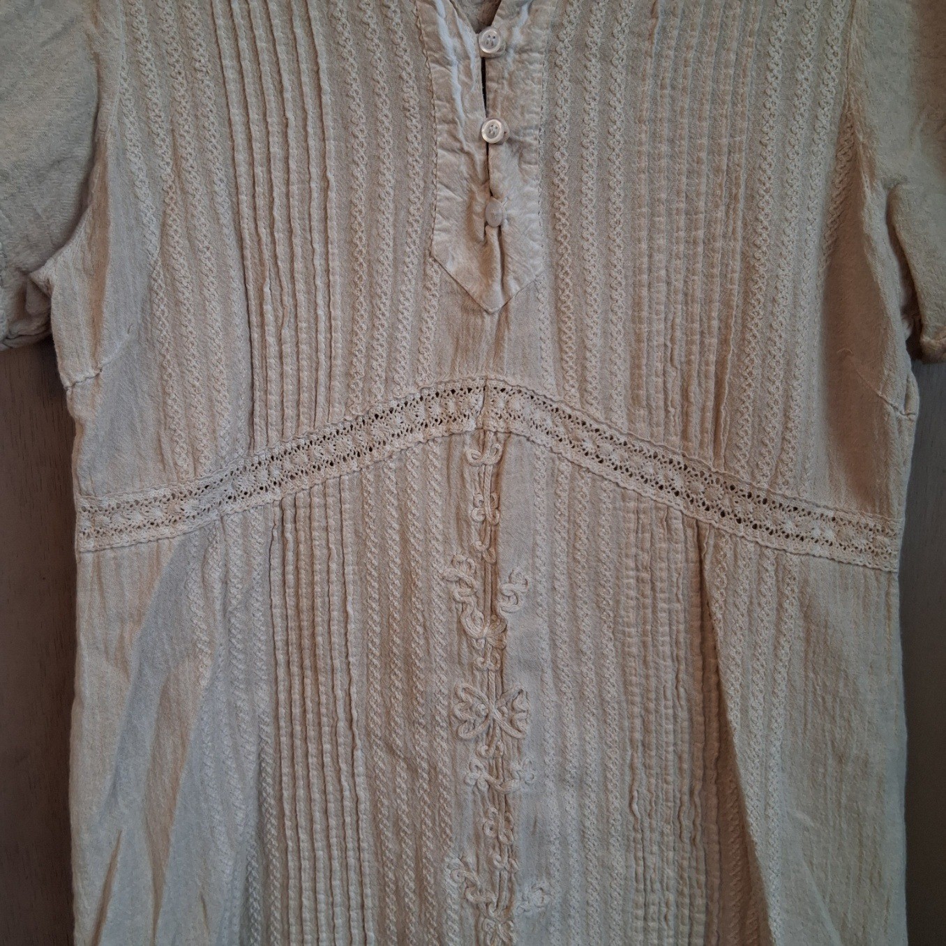 American SouthSIde Upcycled Coffee Stained Tunic Top 100% Cotton Embroidered EUC