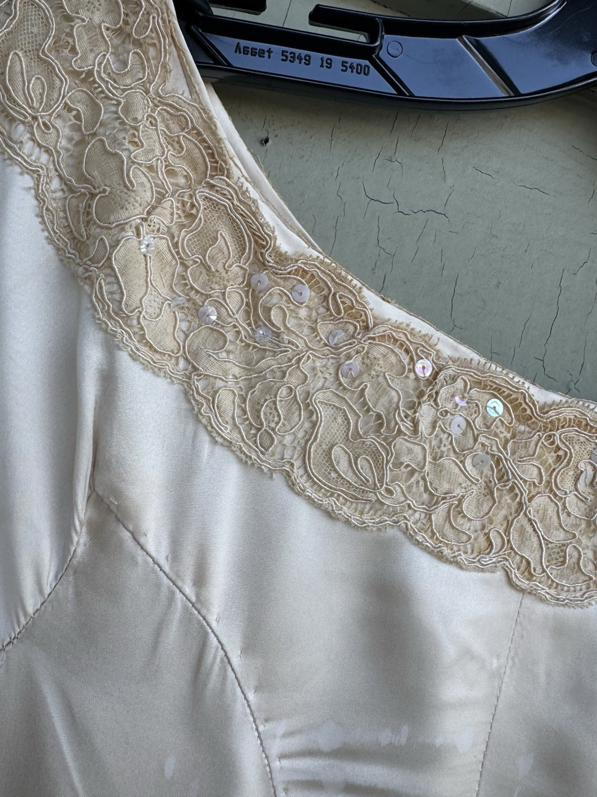 Vtg 40/50’s Satin Wedding Dress Beige Cream Lace Size 2 ? Lace Sequins 22” Waist