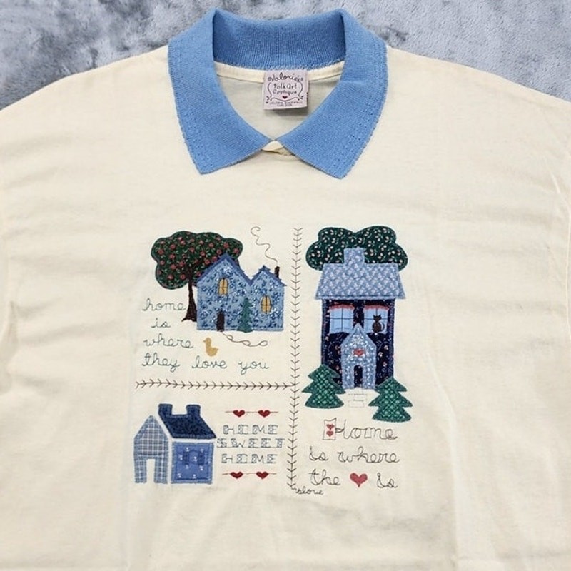 Vintage 90s Valerie Sockwell Top Womens XL Yellow Blue Embroidered Collared Tee
