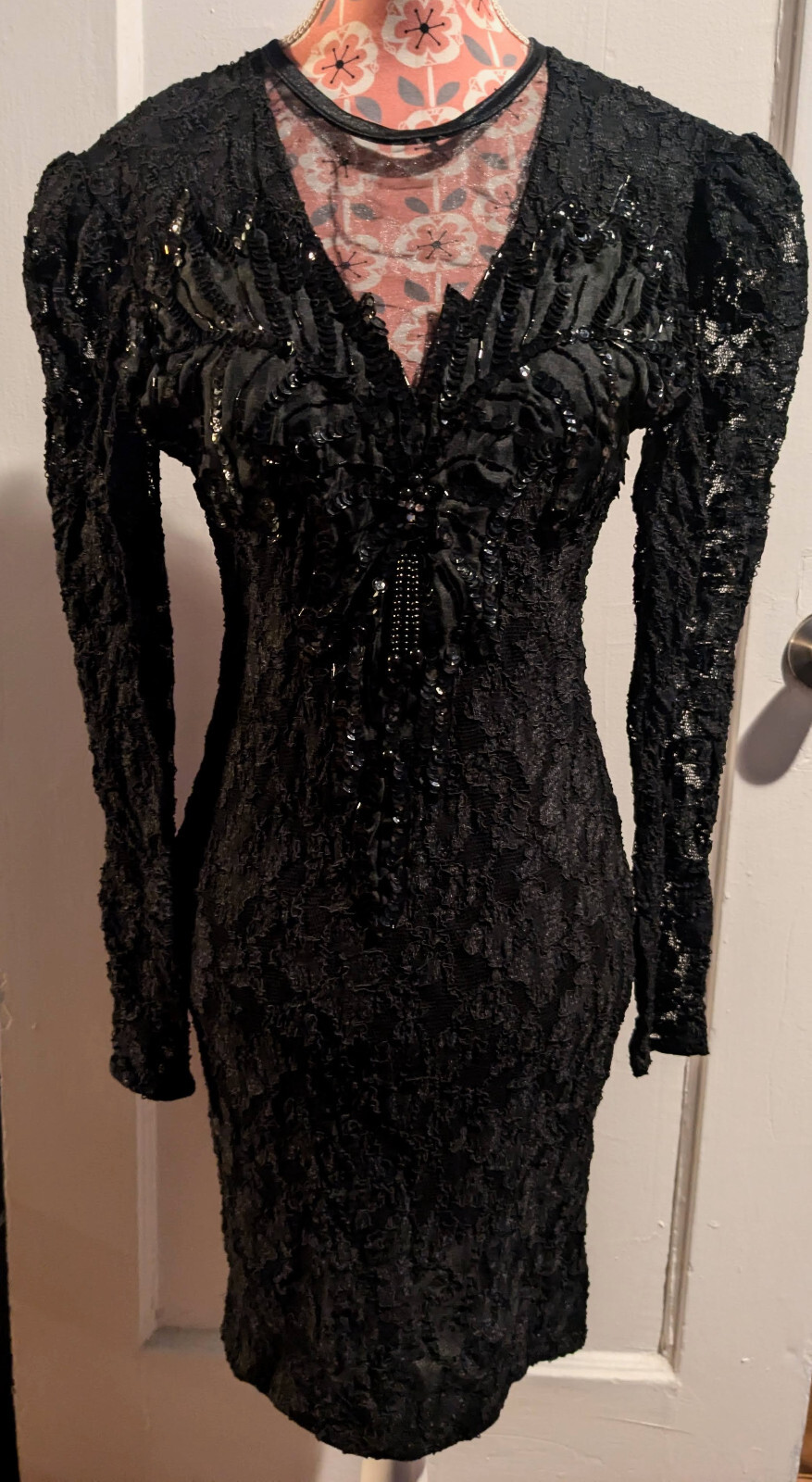 Amazing Vintage Night Moves mesh dress black sequins lace beaded longsleeve S
