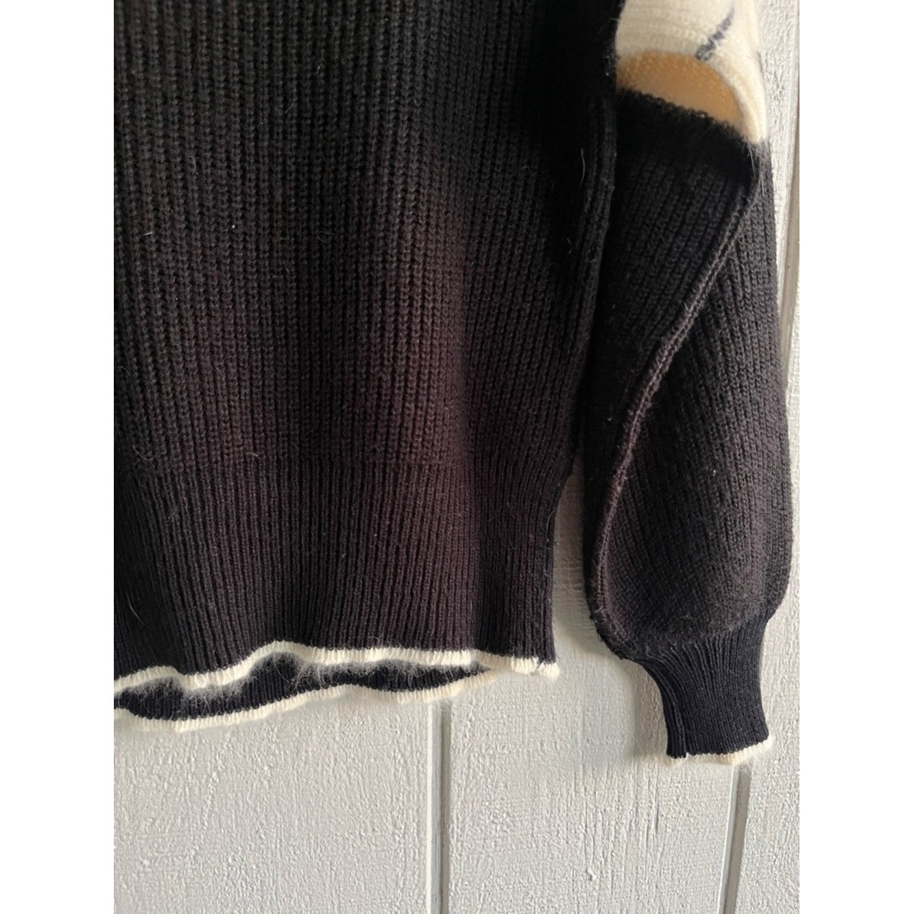 Vintage Angora Blend Knit Sweater Black + Cream Contrast Colorblock Size M