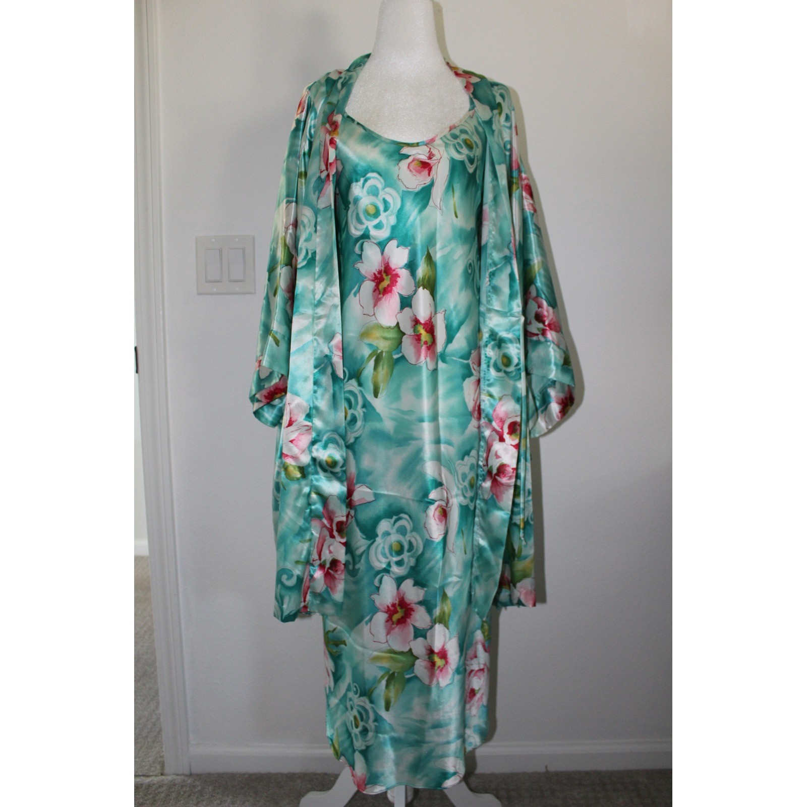 VTG Expressions California Dynasty Teal Nightgown & Robe Set Tropical S/M