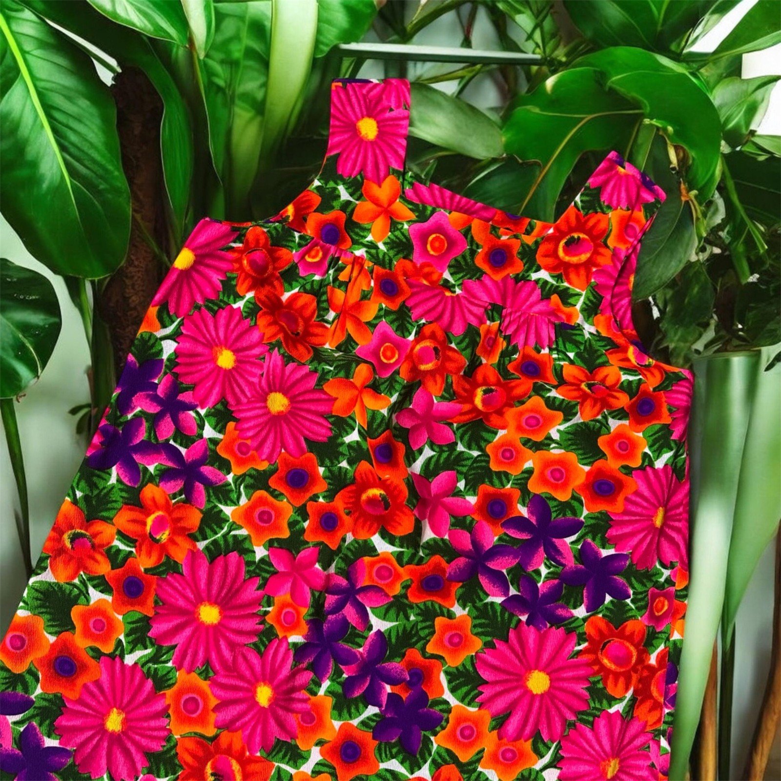 Vintage Hawaiian Floral Dress Large Pink Orange Tropical Paradise Pomaré Tahiti