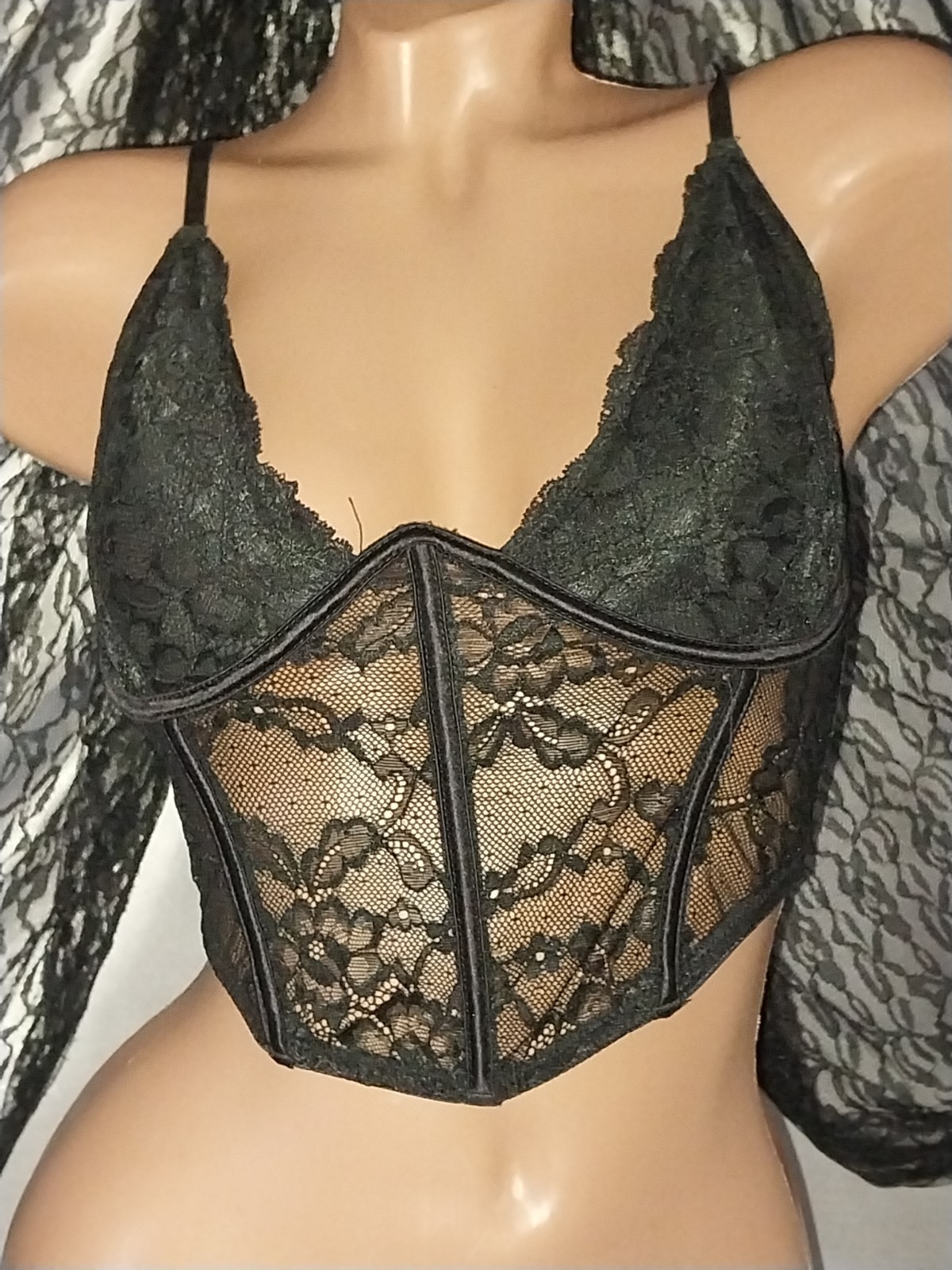 VTG PLUNGE LACE UW BRA CORSET TOP BUSTIER NOS S/P/M sheer blk lacy lace