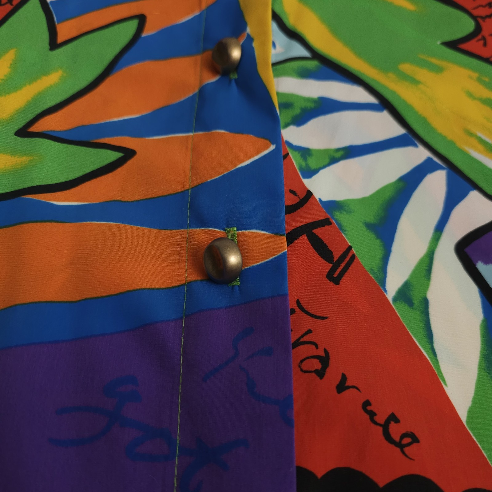 Vtg Bold Colorful Blouse 1980s Travel Novelty Print USA Med Lrg Big Button Silky