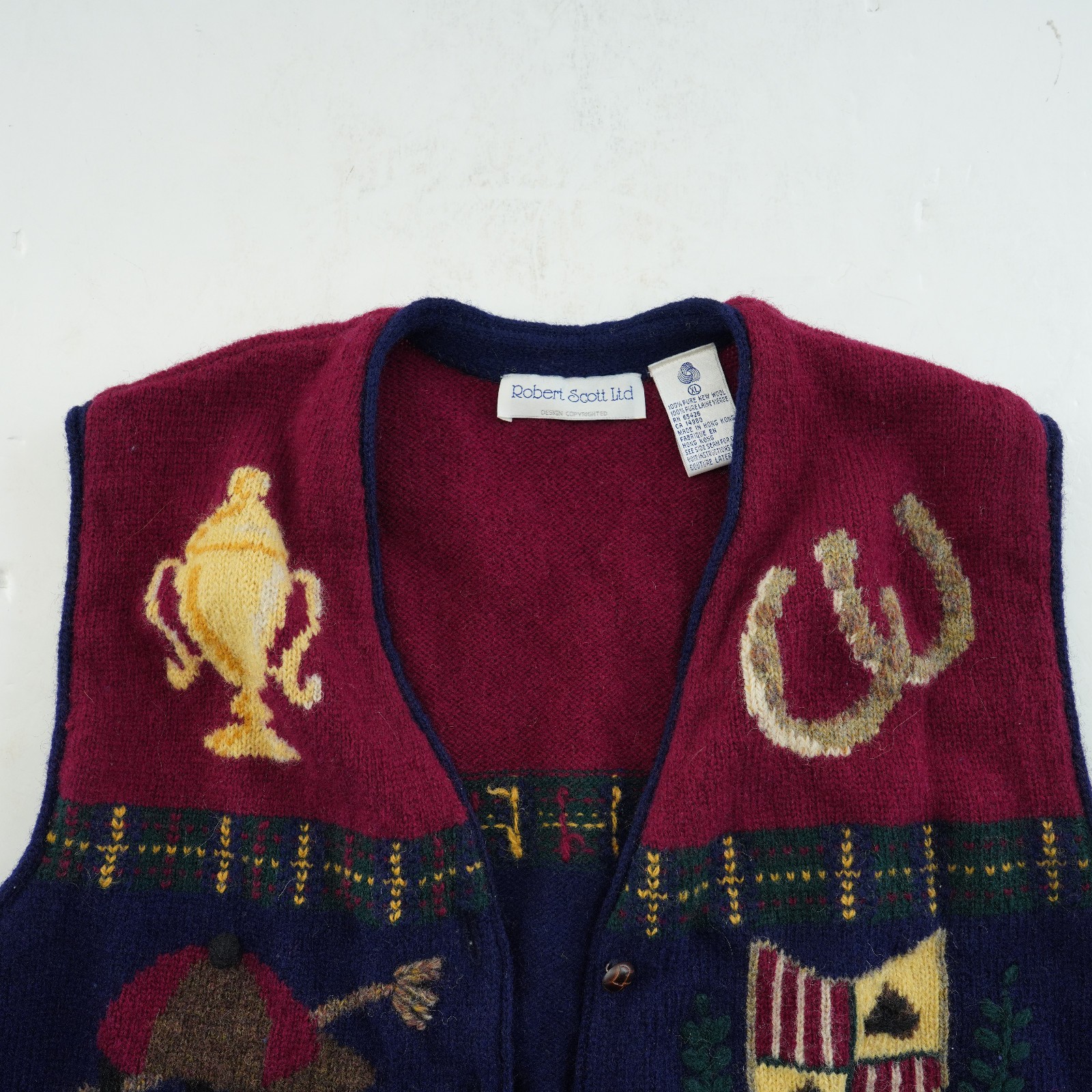 Robert Scott Ltd Vintage Sweater Vest women’s XL Hand Knit HORSE RACE equestrian